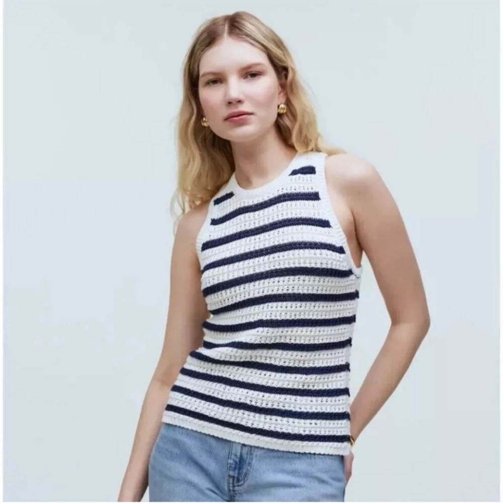 Madewell Navy and White Striped Crochet Tank